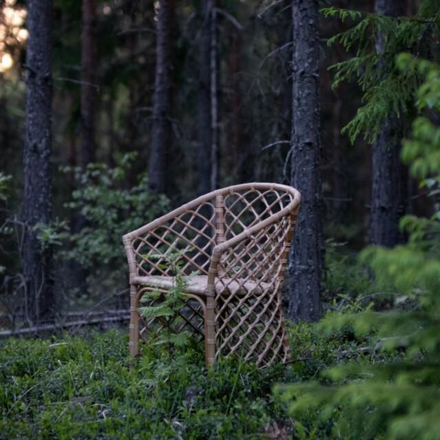 Luonnonvärinen Marina rottinkituoli keskellä metsää