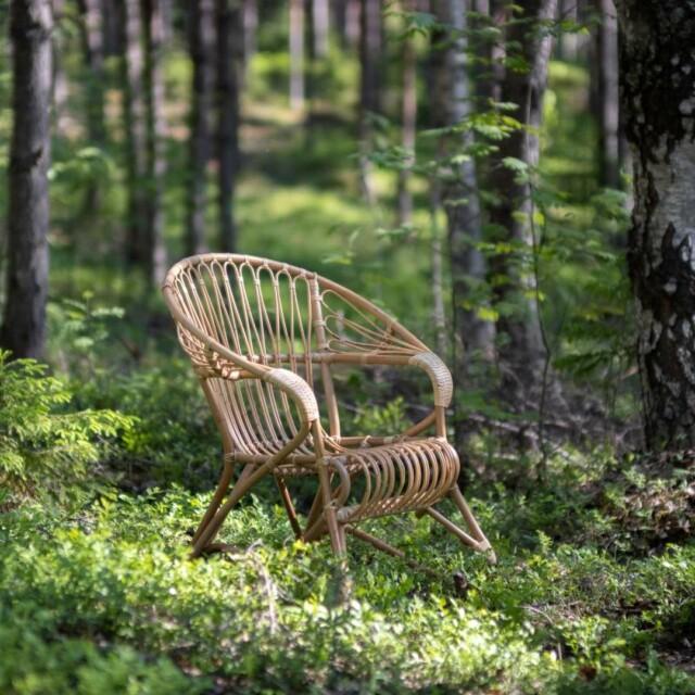 Luonnonvärinen matala lumikenkä tuoli metsässä